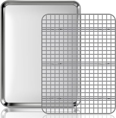 Dailygoods- Bakplaat Set van 2 - Roestvrij Staal - Met Koelrooster - 40 x 30 x 2 cm - Vaatwasmachinebestendig - Anti-aanbaklaag - Schokbestendig - Grillplaat