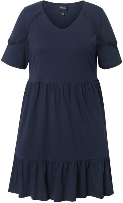 Ulla Popken - Dames - Jersey jurk sierband A-lijn V-hals korte mouw - Marine - Maat 50+