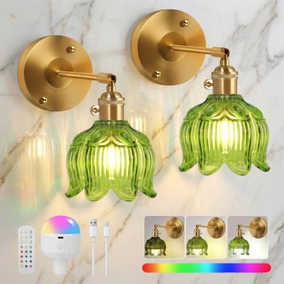 Rosnek 2 Stuks Retro Wandlamp Groen - Lelietje-van-dalen Glas - Draadloos & Oplaadbaar - Dimbaar met Afstandsbediening - Bloemen Lamp met Afstandsbediening - voor Slaapkamer - Woonkamer