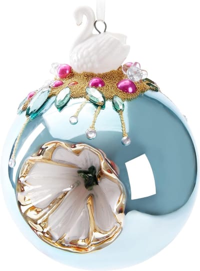 BRUBAKER Premium Kerstballen Lichtblauw Met Zwanenfiguur - 10 Cm Kerstboomversiering Met Kralendecoraties - Handversierde Glazen Boombal - Kerstdecoratie