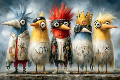 John Joseb Art (Aluminium) 120x80 | Gekke vogels, grappig, humor, graffiti, kleurrijk, portret, abstract, kunst, dier, vogel, rood, wit, geel, blauw, modern | foto-schilderij op dibond, metaal wanddecoratie
