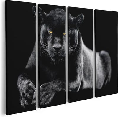 Artaza Canvas Schilderij Vierluik Zwarte Panter - 80x60 - Foto Op Canvas - Canvas Print