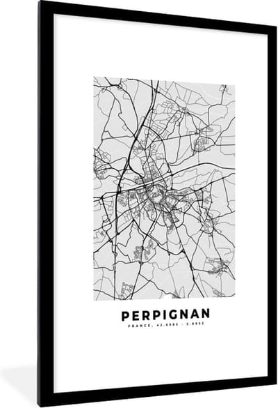 Fotolijst incl. Poster - Plattegrond - Perpignan - Stadskaart - Kaart - Frankrijk - 80x120 cm - Posterlijst