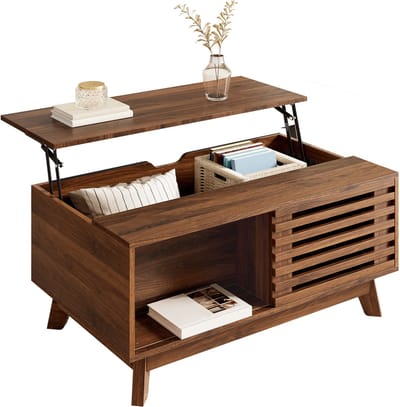 Salontafel - Liftfunctie Met Jalousiedeur - Walnootlook - MDF - Walnootkleur