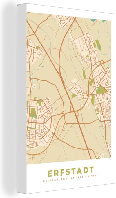 Canvas Schilderij Erfstadt - Kaart - Stadskaart - Vintage - Plattegrond - 20x30 cm - Wanddecoratie