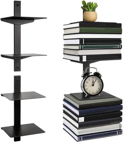 Set van 2 Zwevende Boekenkasten, Onzichtbare Wandplank, Metalen Boekentoren met 4 Verdiepingen, Draagvermogen 12 kg per Niveau, Zwart, Modern en Ruimtebesparend