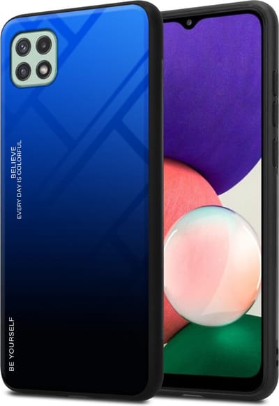 Cadorabo Hoesje geschikt voor Samsung Galaxy A22 5G in BLAUW - ZWART - Tweekleurige beschermhoes van TPU-silicone Case Cover en achterzijde van gehard glas