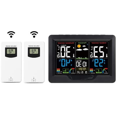 Weerstation Binnen Buiten - Temperatuur Vochtigheid Meter - Weersvoorspelling Monitoren - Drie Draadloze Sensoren - 16cm Lengte - Zwart