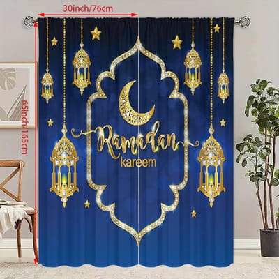 2 STUKS Ramadan gunstige Maan lantaarn zegen Ramadan bedrukt gordijn Polyestermateriaal geschikt voor slaapkamer woonkamer, 30Wx65L(76x165CM)x2 blue