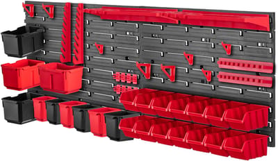 KADAX Werkplaatsrek, 116 x 39 cm, gereedschapswandrek van robuust kunststof, uv-bestendig opslagsysteem, uitbreidbare wandplaten, werkplaats of tuin (rood, 46 stuks)