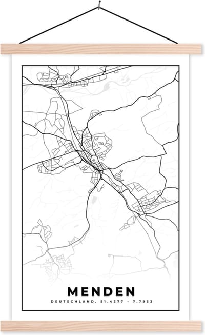 Posterhanger incl. Poster 40x60 cm - Schoolplaat - Menden - Plattegrond - Kaart - Stadskaart - Textielposter - Blanke latten - Stadskaart
