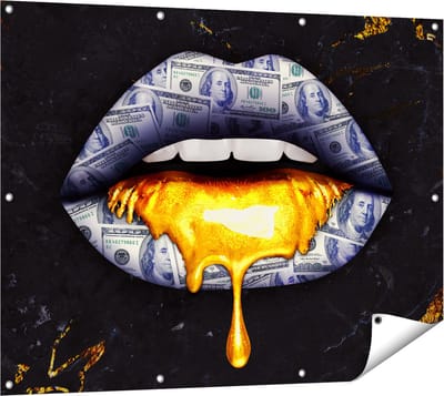 Gards Tuinposter Dollar Lippen met Goud - 120x90 cm - Tuindoek - Tuindecoratie - Wanddecoratie buiten - Tuinschilderij