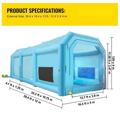 Opblaasbare Spuitcabine - Autospuitcabine Spuittent - 10,75 x 3,9 x 3,47 m - 2 Krachtige Blowers - Luchtfiltersysteem - Mobiele Werkplaatstent