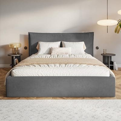 Bedframe 140x190 cm – Zwevend Platformbed met LED-verlichting, Gevoerd Hoofdeinde, Opbergruimte en Laadstation, Donkergrijs, Robuust Metaal – Pauwhome