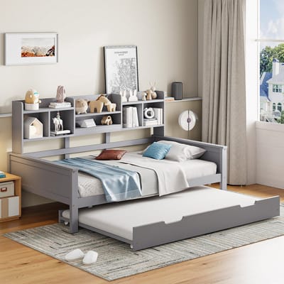 Uittrekbare Massiefhouten Slaapbank - 90x200 cm - Opbergruimte + Laden Multifunctioneel Bed - Kiefer / Grijs