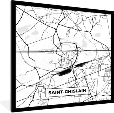 Fotolijst incl. Poster Zwart Wit- Stadskaart – Plattegrond – België – Zwart Wit – Saint Ghislain – Kaart - 40x40 cm - Posterlijst