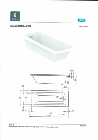 Nemo Start Zen I inbouwbad 170x70x40cm 205 liter met potenstel wit acryl