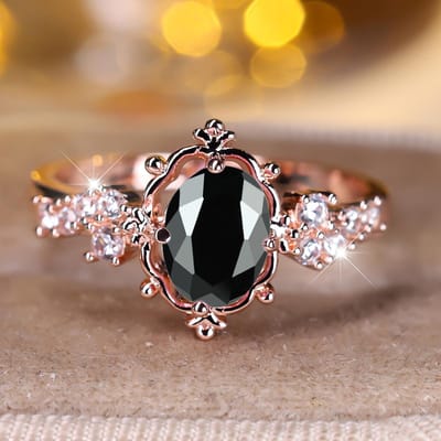 Bagues Florales Ovales en Cristal Zirconium Noir Vintage pour Femmes Couleur Or Rose Bague de Mariage Bijoux de Mariée Alliance Anneau de Fiançailles Cadeaux 9 black