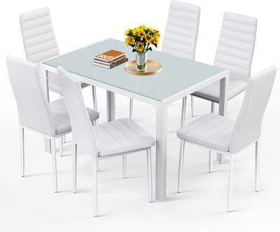 Bealife TB41D Eettafel met 6 Stoelen Set- Eettafel en Stoelen voor 6 Personen- Set met Eettafel en Stoelen voor Keuken-Eetkamer en Woonkamer -120x75x70cm-Wit