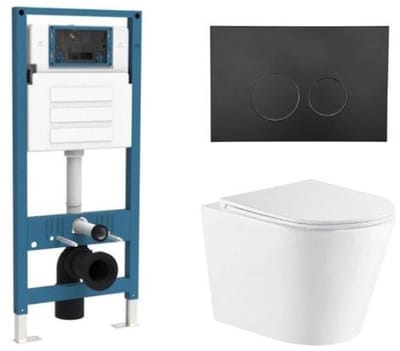 QeramiQ Dely Toiletset - inbouwreservoir Qeramiq Flush - slim zitting - kunststof mat zwarte bedieningsplaat - ronde knoppen - mat wit
