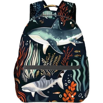 Shark Ocean Life Rugzak,Onderwater Donkere Polyester Rugzakken,Lichtgewicht Dubbele Schouder Rugzak Voor Volwassenen Tieners,Zeevis