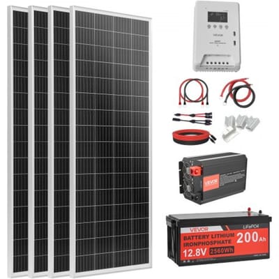 VEVOR 400W Complete Zonne-energiesysteem Kit, Off-grid zonne-energiesysteem inclusief 4 x 100W monokristallijne zonnepanelen, 12,8V 200Ah LiFePO4-accu, 40A MPPT-laadregelaar en 12V 2000W omvormer, Off-grid fotovoltaïsch systeem voor thuis