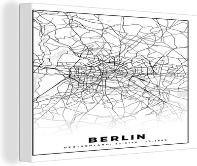 Canvas Schilderij Berlin - Plattegrond - Kaart - Stadskaart - 30x20 cm - Wanddecoratie