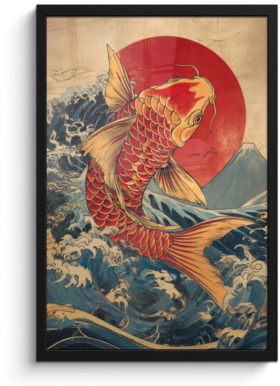 Poster in lijst - Fotolijst 40x60 cm - Posters - Koi - Zee - Golven - Zon - Posterlijst zwart - Decoratie - Wanddecoratie woonkamer - Muurdecoratie slaapkamer