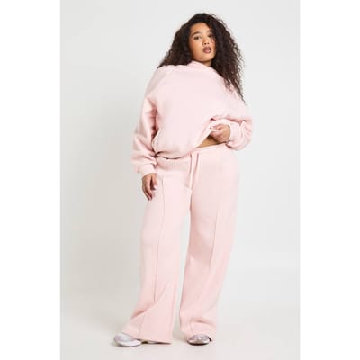 boohoo Dames Plus Core Basic Joggingbroek Met Wijde Pijpen, Diepe Tailleband En Pintuck Detail | Baby Roze | Maat: 44