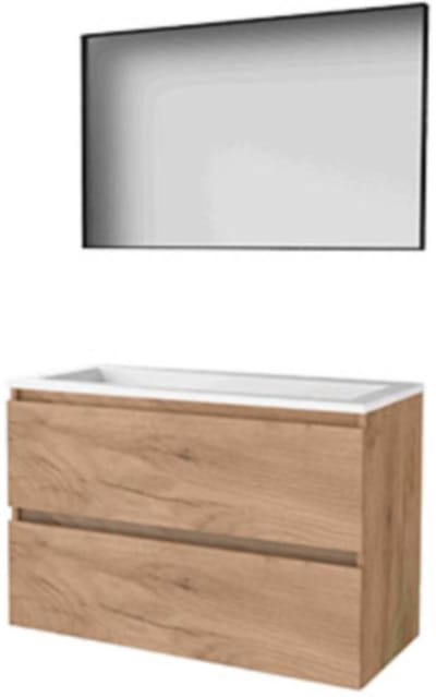 Basic-Line Framed 46 Badkamermeubelset - 100 x 46 cm - Greeploos - 2 Lades - Acryl Wastafel - Zonder Kraangat - Spiegel met Zwart Aluminium Frame - Whisky Oak