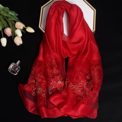 Luxe Zijden Sjaal Scarf Voor Vrouwen Design Borduurwerk Bloemen Hijab Wraps Bufandas Vrouwen Hoofddoek Fouloud Echarpe 80x190cm red