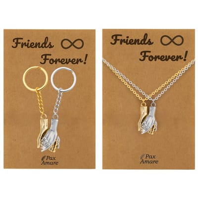 BFF Ketting + Sleutelhanger voor 2 ' Friends Forever' - Handjes Vasthouden - Bundel op Cadeau Kaartje - Goudkleurig & Zilverkleurig - Vriendschap Symbool - Pax Amare