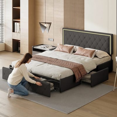 Gestoffeerd tweepersoonsbed, 140 x 200 cm, 3 schuifladen met opbergruimte, , voor jeugd, bedframe met lattenbodem, PU, grijs