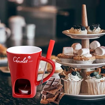 Keramische IJsroom Kaas Chocolade Smeltbeker met Vork, Houder voor Kaarsen en Verwarmen van Koffie, Een Unieke Chocolademok met een Inhoud van 150ml/5oz, voor Thuis, Kantoor, Buiten, Valentijnsdag, Kerstcadeau
