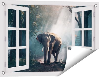 Gards Tuinposter Doorkijk Olifant in het Bos met Zonneschijn - 60x40 cm - Tuindoek - Tuindecoratie - Wanddecoratie buiten - Tuinschilderij
