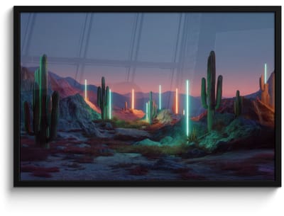 Poster in lijst - Fotolijst 90x60 cm - Posters - Cactus - Lichtzuilen - Zonsondergang - Posterlijst zwart - Decoratie - Wanddecoratie woonkamer - Muurdecoratie slaapkamer