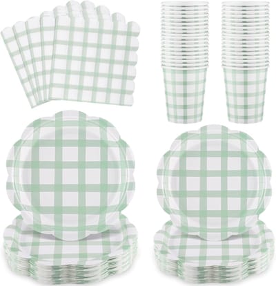 Partyserviesset, 96 stuks, groene gegolfde papieren borden, waaiervormige papieren borden, servetten voor verjaardagen, babyfeestjes, bruiloften, theefeesten, picknicks
