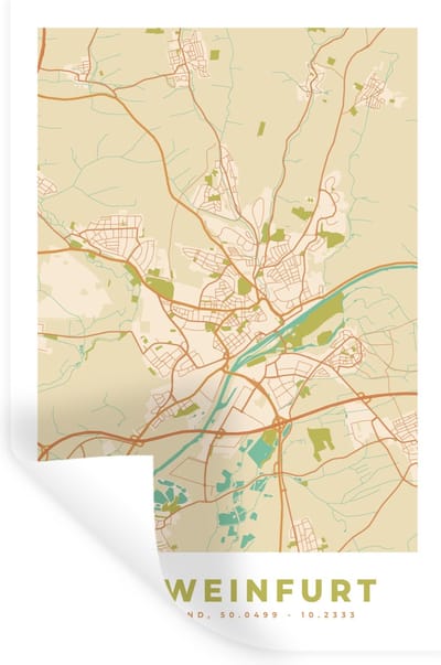 Muurstickers - Sticker Folie - Schweinfurt - Plattegrond - Vintage - Stadskaart - Kaart - 20x30 cm - Plakfolie - Muurstickers Kinderkamer - Zelfklevend Behang - Zelfklevend behangpapier - Stickerfolie