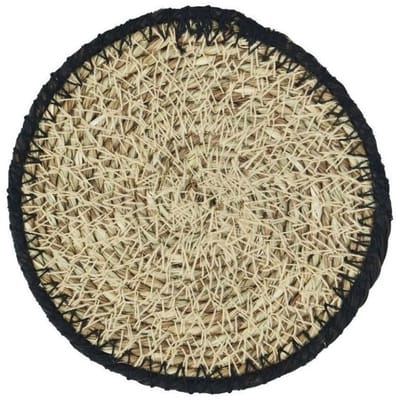 Madam Stoltz - Set van 6 Zeegras Onderzetters met zwarte geborduurde rand - 10 cm