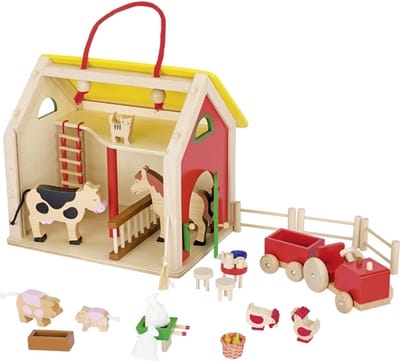 Poppenhuis: SCHUUR 33x26x28cm, 31-delig, draagbare koffer met toebehoren, 3+