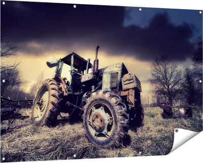 Gards Tuinposter Oude Tractor op het Grasveld - Trekker - 150x100 cm - Tuindoek - Tuindecoratie - Wanddecoratie buiten - Tuinschilderij