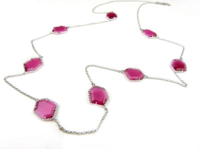 Zilveren halsketting halssnoer collier Model Hexagon gezet met roze stenen
