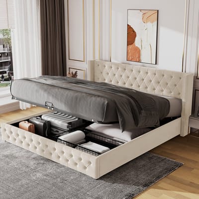 Gutent Tweepersoonsbed, Beige (Zonder matras), Oorvormige dubbele rij geklonken flanel, knoopverbindingen, 140*200 cm, hydraulisch functioneel bed, de bodem van het bed bedekt met vlekbestendige zwarte vliesstof