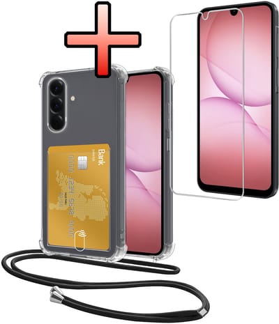 Hoes Geschikt voor Samsung Galaxy A17 Hoesje Pasjeshouder Cover Met Koord Shock Proof Case Siliconen Hoes Met Telefoonkoord en Kaarthouder Met Screenprotector - Transparant