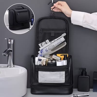 Toilettas Ophangbaar, Toilettas, Toilettas Heren, Toilettas Mannen, Kunstleer Toilettas, Luxe, Reistas, Toilettas Man, Travel Bag, Travel Organizer, voor op Reis met Draaggreep en Haak, Verjaardag, Vaderdag, Valentijnsdag, Cadeautje, PU Leer, ZWART