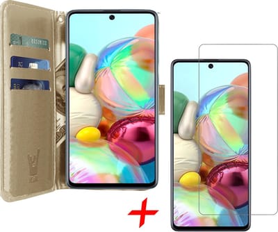 Hoesje geschikt voor Samsung Galaxy A71 - Screen Protector GlassGuard - Book Case Kunstleer Pasjeshouder Goud & Screenprotector