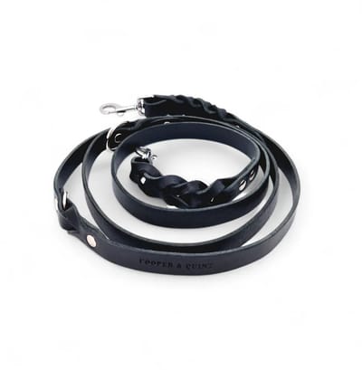 Cooper & Quint Twisted Switch Verstelbare Leren Hondenriem - Zwart - 1.5cm - Zilver