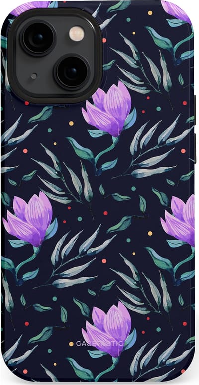 Casetastic hoesje geschikt voor Apple iPhone 13 mini - MagSafe - Dubbellaagse bescherming - Mystieke bloemenzee - Fashion Case - Donkerblauw Donkergrijs Grijs Lavendel