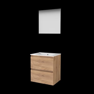 Basic-Line Basic 46 Badkamermeubelset - 60 x 46 cm - Greeploos - 2 Lades - Keramische Wastafel - 1 Kraangat - Spiegel - Whisky Oak