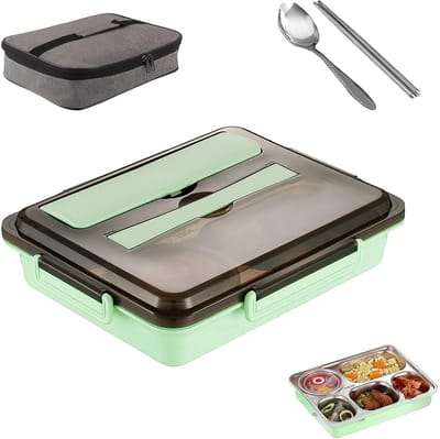 Broodtrommel metaal, roestvrij staal lunchbox, gepersonaliseerde broodtrommel, met 5 vakken, met lunchbox-tas en bestek, grote vrijetijdsbroodtrommel voor thuis, camping, kantoor